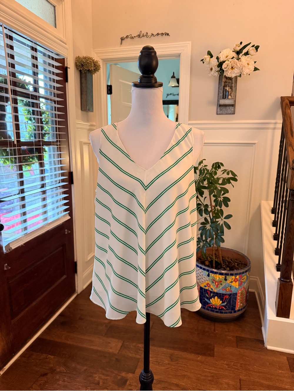 Cynthia Rowley NWOT Sleeveless V-Neck Stripe Tank Top - Green/White